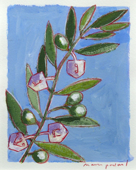 mark podwal, Olives & Dreidels, 2003, acrylic, gouache and colored pencil on paper, 7 5/8 x 6 inches