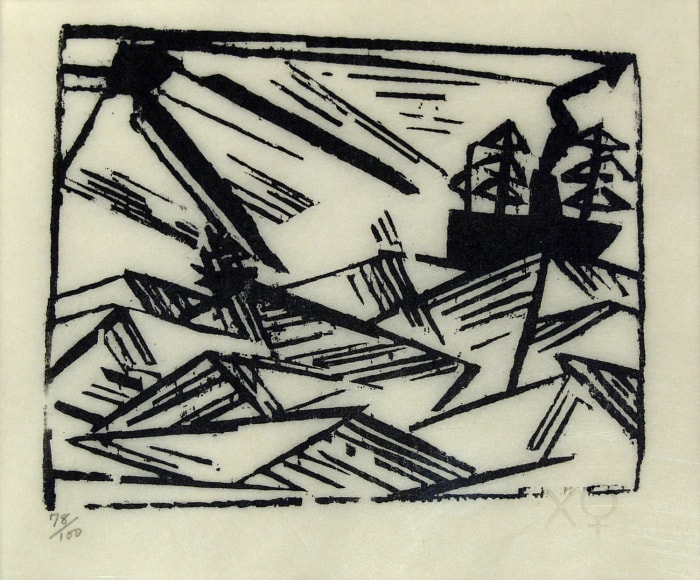Lyonel Feininger, Ship, Waves, Sun, 1920, woodcut, printed c. 1960, 4 3/4 x 5 3/4 inches