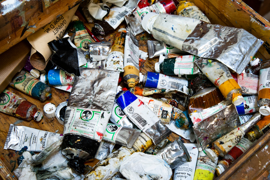 William Beckman studio interior view with paint tubes