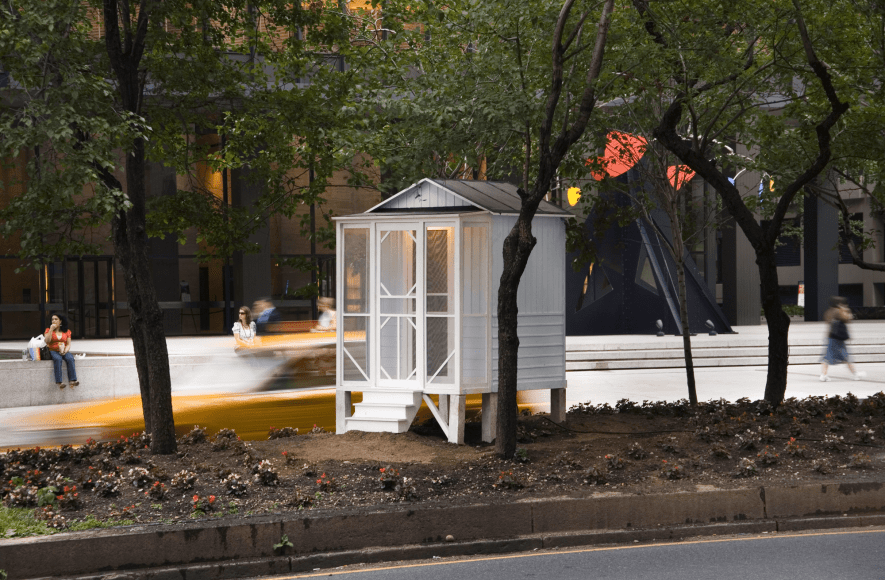 Tourist Cabins on Park Avenue, 2007, Vinyl on wood, metal, wallpaper, incandescent light