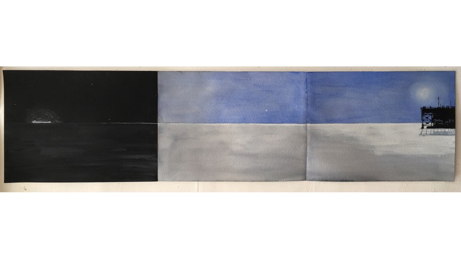 Night Ship/Day Dock, 2016, Gouache on paper (triptych), 13&quot; x 40 1/4&quot; framed