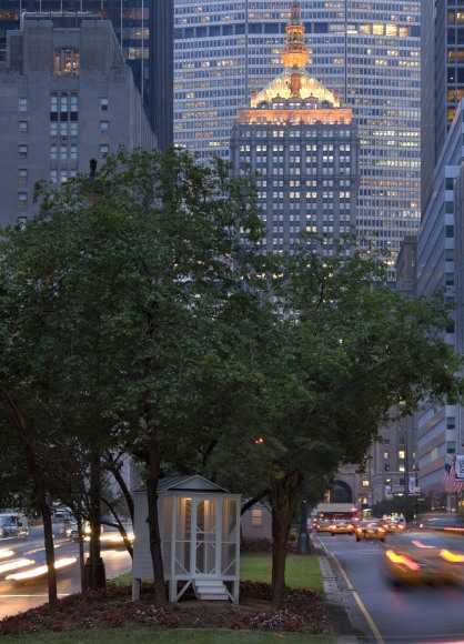 Tourist Cabins on Park Avenue, 2007, Vinyl on wood, metal, wallpaper, incandescent light