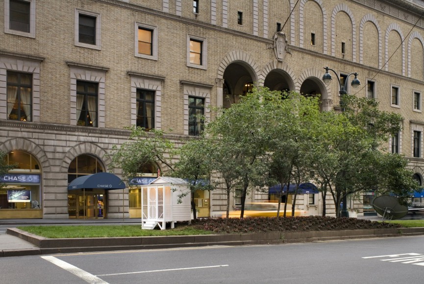 Tourist Cabins on Park Avenue, 2007, Vinyl on wood, metal, wallpaper, incandescent light