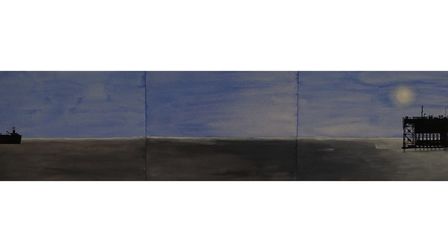 Ship and Dock, 2017, Watercolor and gouache on paper, 9 x 36&quot; framed