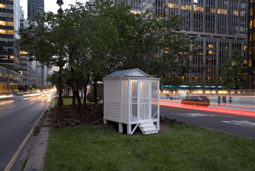 Tourist Cabins on Park Avenue, 2007, Vinyl on wood, metal, wallpaper, incandescent light