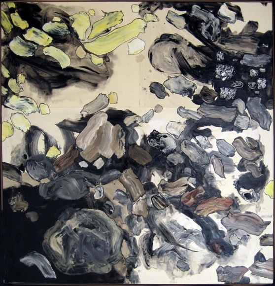  Untitled (Island #4, Single portrait and one rock with 89 Abstract Paintings including FedEx Yellow)