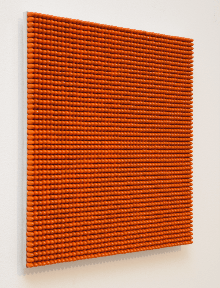 Aaron Sandnes 136.36 Seconds (Orange 9mm 125 Grain Round Nose), 2014 Polymer coated lead 9mm 115 grain round nose bullet tips, aluminum 17 3/4h x 17 3/4w x 33/40d in 45.09h x 45.09w x 2.10d cm Edition 1 of 3 + 1 AP AS004