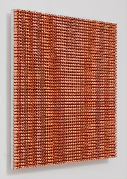 Aaron Sandnes 136.36 Seconds (9mm 115 Grain Copper Hollow Point), 2015 Copper plated lead 9mm 115 grain hollow point bullet tips, aluminum 17 3/4h x 17 3/4w x 33/40d in 45.09h x 45.09w x 2.10d cm Edition 3 of 3 + 1 AP AS001
