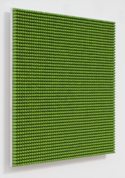 Aaron Sandnes 136.36 Seconds (Green 9mm 115 Grain Round Nose), 2015 Polymer coated lead 9mm 115 grain round nose bullet tips, aluminum 17 3/4h x 17 3/4w x 33/40d in 45.09h x 45.09w x 2.10d cm Edition 1 of 3 + 1 AP AS003