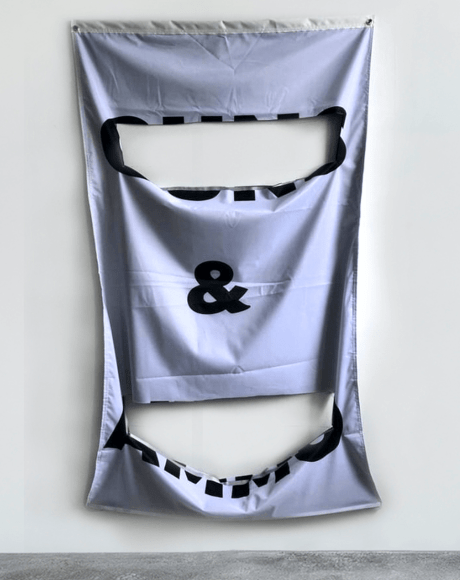 J.G. Thies, Milk & Honey, 2019 Nylon, PVC piping frame, grommets 60h x 36w x 1d in 152.40h x 91.44w x 2.54d cm JGT001