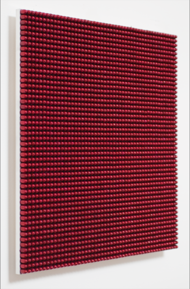 Aaron Sandnes 136.36 Seconds (Red 9mm 115 Grain Round Nose), 2015 Falcoated lead 9mm 115 grain round nose bullet tips, aluminum 17 3/4h x 17 3/4w x 33/40d in 45.09h x 45.09w x 2.10d cm Edition 2 of 3 + 1 AP AS002