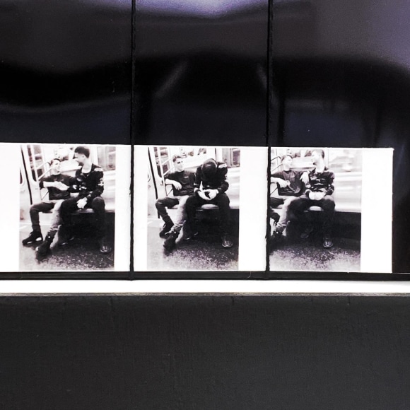 F.P. Boué Detail Untitled (4 seconds Underground), 2021 Braced wood panel, black gesso, white gesso, customized plywood panel, imageless Cibachrome print, archival inkjet print, bookbinders’ thread 16 x 9 x 2 in. 40.6 x 22.9 x 5.1 cm. FB0001