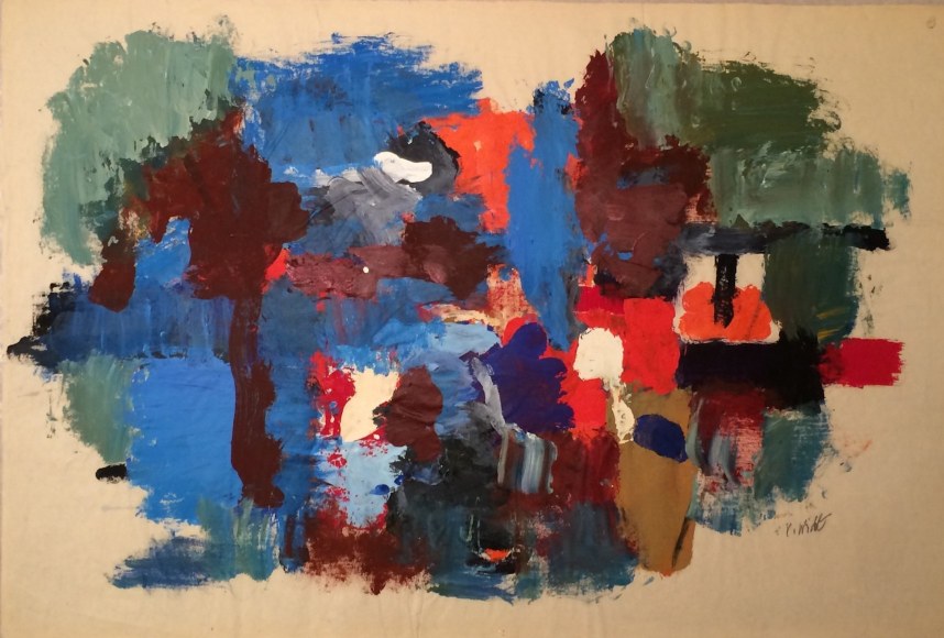 image of John Von Wicht's abstract gouache and watercolor painting entitled &quot;Millpond&quot; in bright, strong colors including red, blue, green, black and tan.