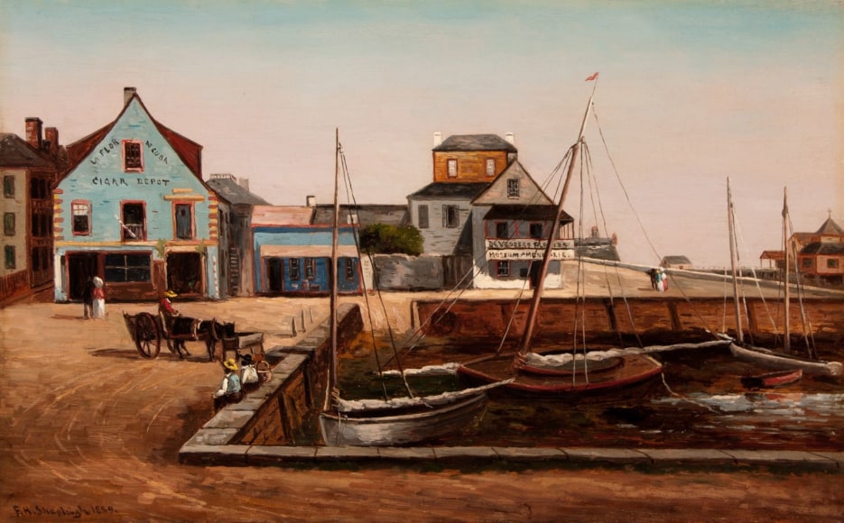 Image of oil painting by Frank Henry Shapleigh entitled &quot;The Plaza Basin, St. Augustine Florida&quot; showing several boats moored at the edge of a small town.