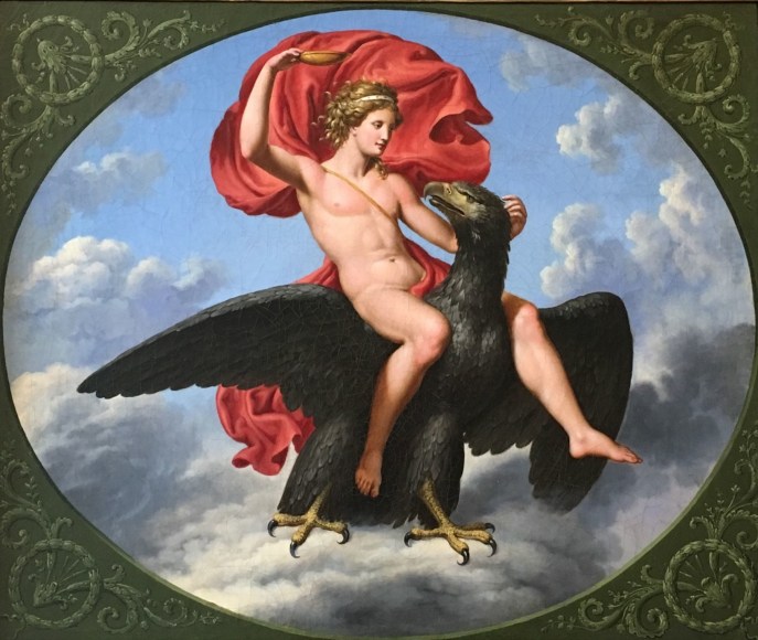 Image of oil painting depicting the myth of &quot;Ganymede&quot; as a nude male figure with a flowing red cape, riding the back of a huge eagle with a wine cup in his upheld hand, by unknown Italian school painter.
