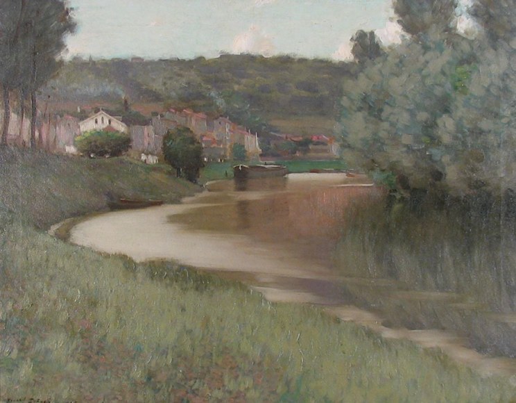 Image of impressionist oil painting entitled &quot;River Scene&quot; by Edward Dufner showing a river winding towards some buildings in the background.