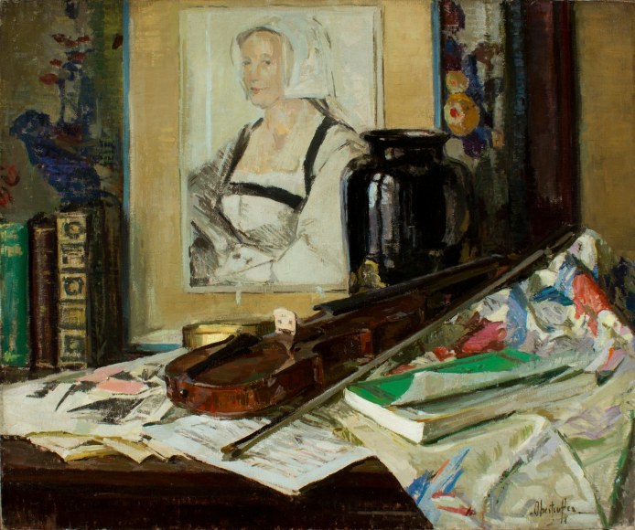 Image of George Oberteuffer's impressionist still life oil painting of a tabletop arrangement with books and violin.