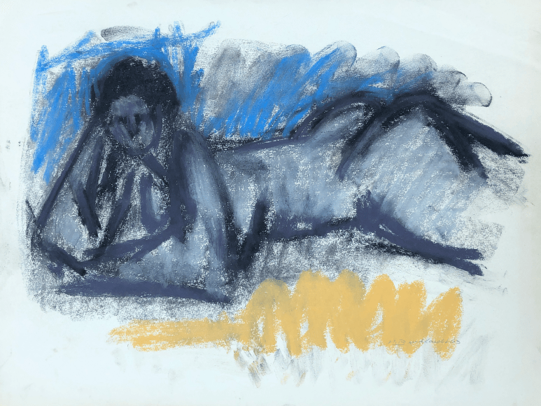 Image of untitled 1963 abstract nude pastel on paper of a woman lying on her stomach, propped up by her arms, by Hans Burkhardt.