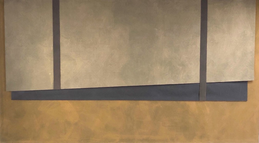 Image of acrylic and layered canvas abstract painting titled &quot;The Great Plains&quot; by Mary Obering in earth-tone browns.