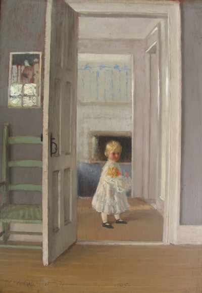 Image of William Wallace Gilchrist Jr. oil painting entitled &quot;Girl with Doll&quot; showing a small blonde girl in a white dress with black shoes holding a doll and standing near a doorway.