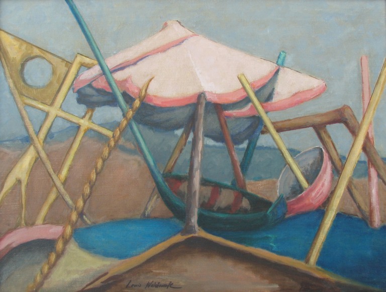 Image of Louis Wolchonok's surrealist oil painting titled &quot;Beach Scene&quot; showing boats and umbrellas in a beach scene.