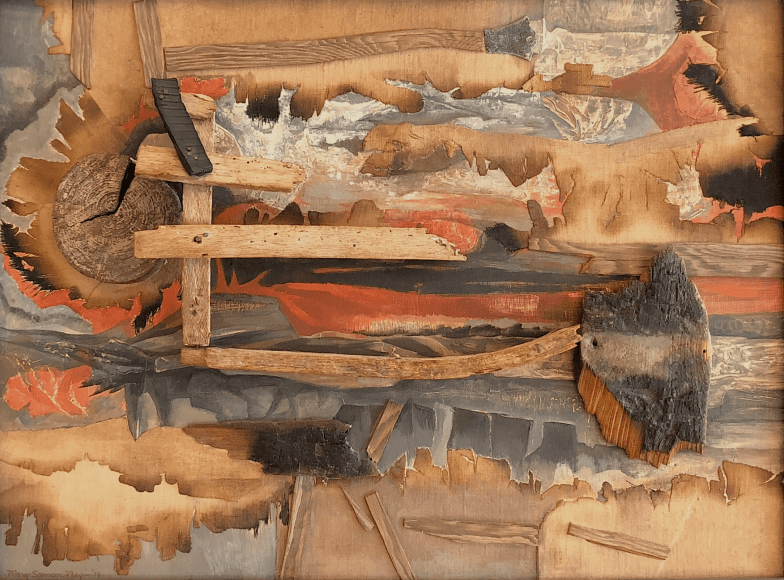 Image of mixed media abstract artwork titled &quot;Pyromaniac's Pyre&quot; by Mary Spencer Nay made of wood, fabric, rubber and nails, some of the materials having been burnt before being attached..