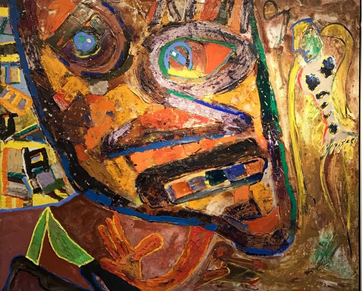 Image of abstract head and figure painted in oranges, blues, greens and yellows, and titled &quot;Dichotomy Disco&quot; by George McNeil.