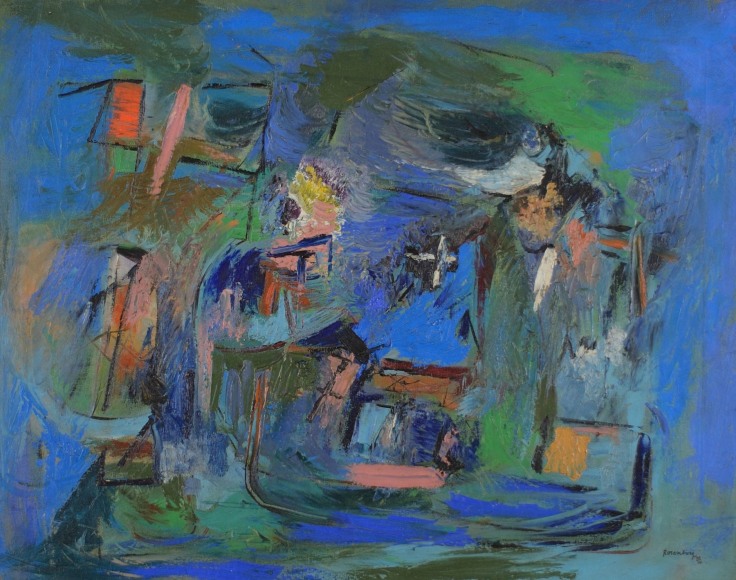 Image of abstract oil painting by Ralph Rosenborg entitled &quot;Subjective Farm Landscape&quot; in blues, greens and several other colors.