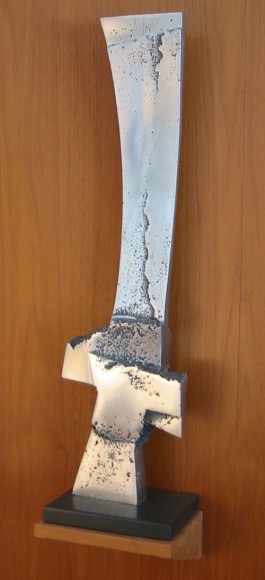 Image of abstract aluminum sculpture titled &quot;Ode to the Ancient Monarch&quot; by James C. Myford.