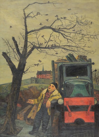 Image of oil painting by Gregorio Prestopino titled &quot;The Junkman's Serenade&quot; showing a man in a jacket and hat leaning on a truck and singing up to birds in the branches of a tree.