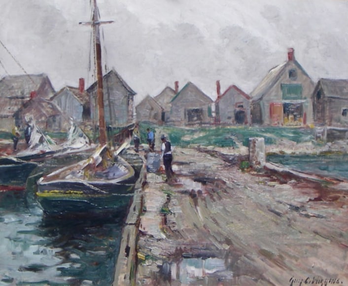 Image of Guy C. Wiggin's impressionist oil painting titled &quot;Southeaster - Rockport, MA&quot; showing boats at a dock with their sails down, and small houses in the background.