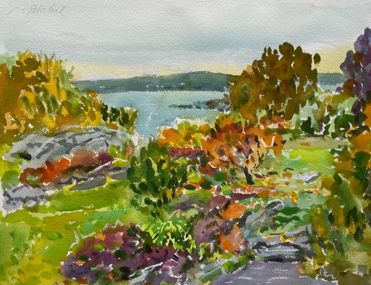 Image of Nell Blaine's watercolor landscape titled &quot;Touch of Fall&quot; showing an autumnal landscape with water and hills in the background.