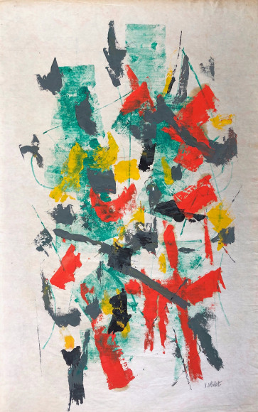 Image of mixed media abstract work on paper by John Von Wicht in reds, greens, grey and yellow.