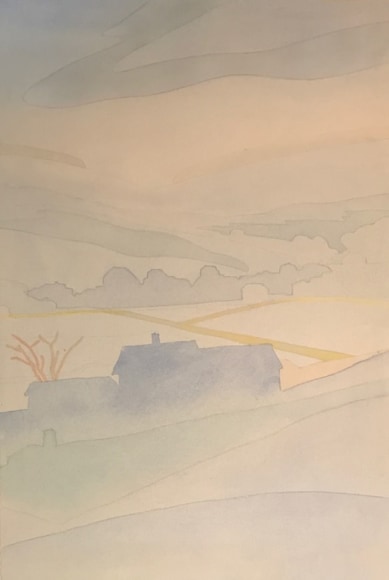 Image of Nahokio Inukai's watercolor on paper of a landscape with buildings in distance.