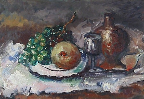 Image of a still life modernist oil painting by Hans Burkhardt of grapes and other fruit, a wind class and bottle.