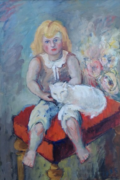 Image of oil on canvas titled &quot;Girl with Cat&quot; by Hans Burkhardt showing a young girl sitting on a red stool with a white cat in her lap.