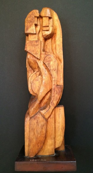 Image of modernist wood sculpture titled &quot;Ancienne Noblesse&quot; by Irving Lehman showing two twined figures.