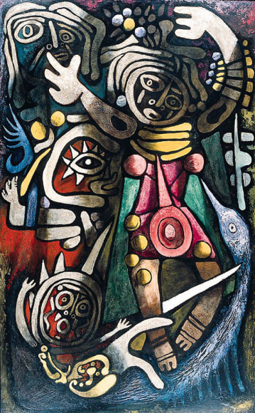 Image of abstract 1948 tempera and oil painting of Ceremonial Dancers by Julio De Diego showing various figures, some with masks on, dancing.