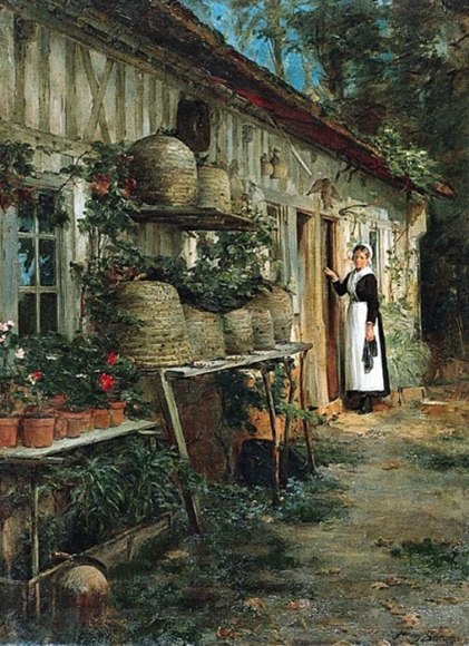 Image of Henry Bacon's 1881 oil painting showing a young woman standing next to a doorway looking at several straw honeybee skeps on a trestle table. .