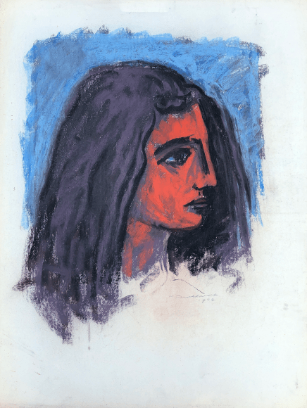 Image of untitled 1972 abstract pastel of woman's head by Hans Burkhardt.