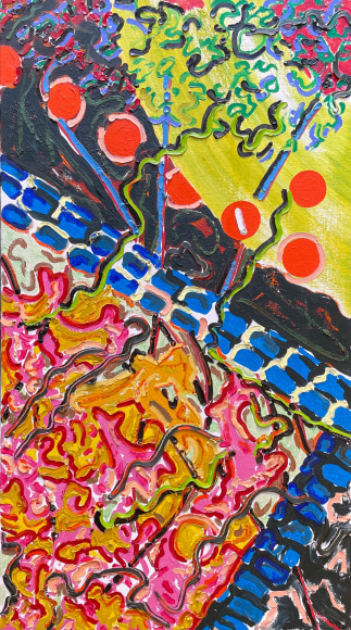 Image of abstract oil painting in bright colors - pink, red, yellow, green and orange - by Nancy Graves entitled &quot;Fracture I.&quot;