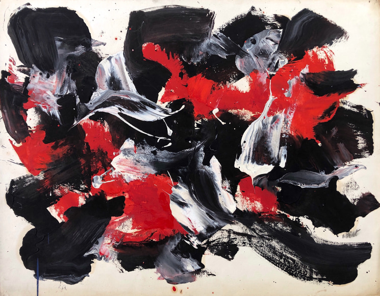 Image of untitled mixed media artwork on paper in red, black and white by John Von Wicht.