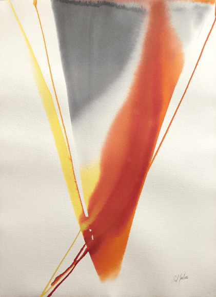 Image of Paul Jenkins abstract watercolor titled &quot;Phenomena Arezzo Revisited&quot; in orange, yellow and grey.