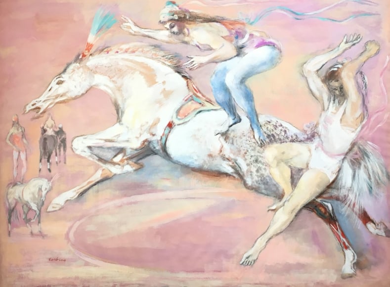 Image of mixed media painting by Jon Corbino entitled &quot;Circus Jumpers #2&quot; showing two circus people jumping off the back of a white horse.