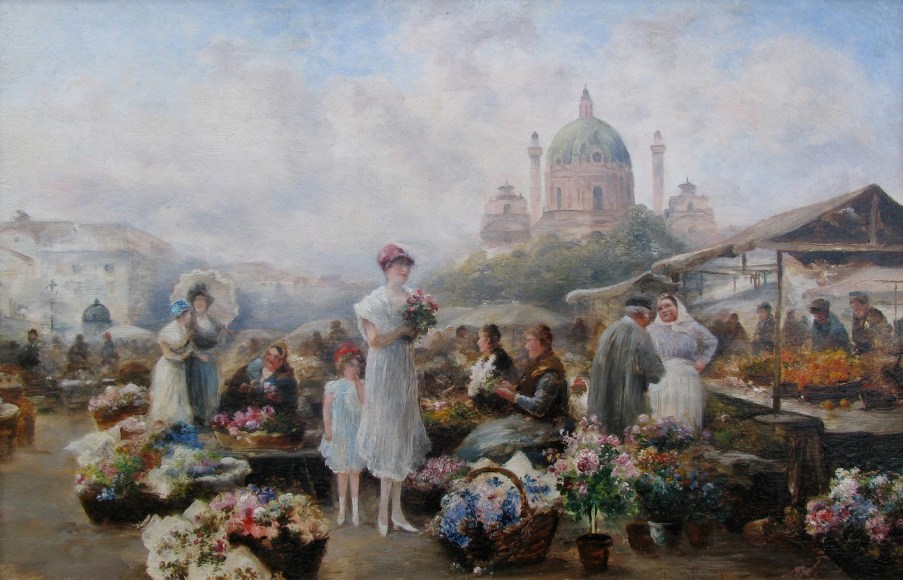 Image of Emil Barbarini's impressionist oil painting of people in an outdoor Vienna Flower Market.
