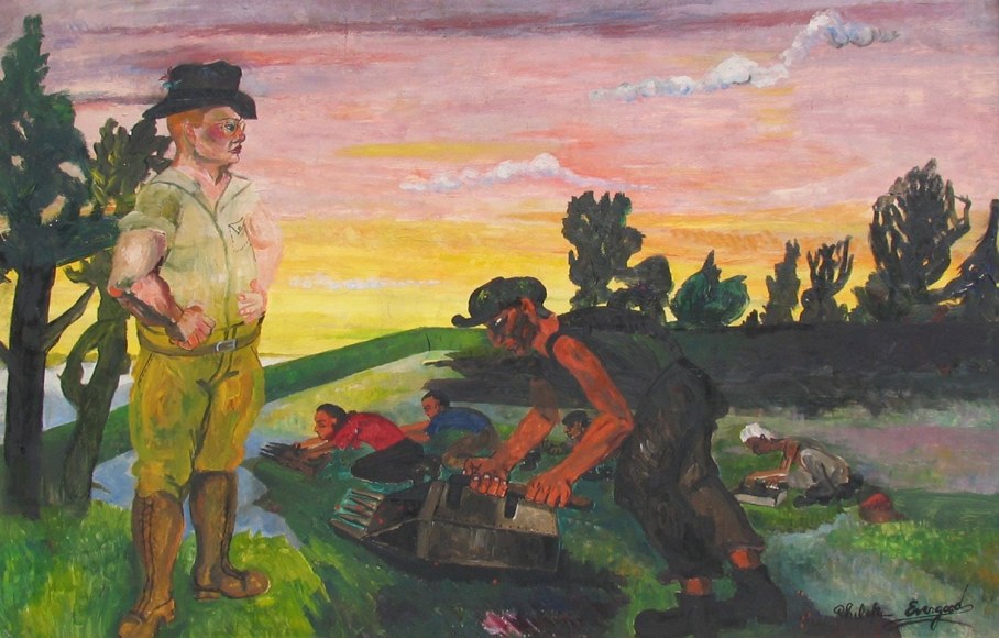 Image of social realist oil painting by Philip Evergood titled &quot;Eat More Cranberries&quot; showing a white man with fists on hips looking at several people of color who are kneeling or bending over to pick cranberries.