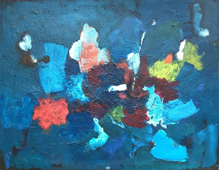 Image of abstract oil painting in primary colors of blues, reds, yellows and white, titled &quot;Deep as the Night&quot; by John Von Wicht.