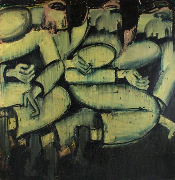 Image of 1968 oil painting entitled &quot;Men Walking #1&quot; by Lester Johnson showing three chunky male figures overlapping with their arms and legs and torsos.