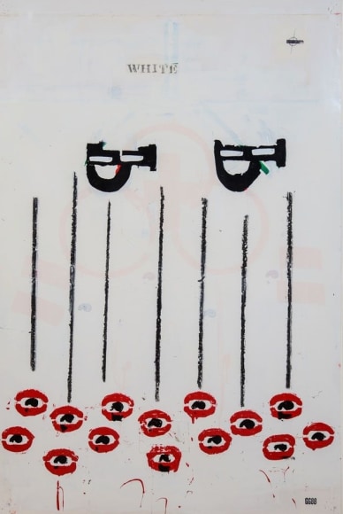 Image of abstract mixed media on paper collage by Glenn Goldberg entitled &quot;O.P.88&quot; with red and black paint on a white background.