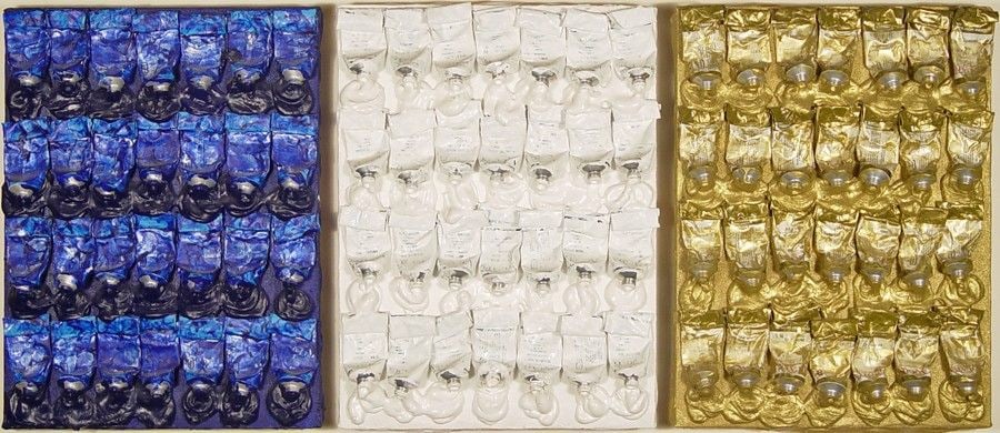 Arman born 1928 died 2005, Monochrome Accumulations - Blue, White &amp; Gold, triptych, circa 1986, Acrylic Paint Tubes on Canvas, H 16&quot; x W 12&quot; each; H 20.5&quot; x W 41.5&quot; framed, Each Signed &quot;Arman&quot; Verso